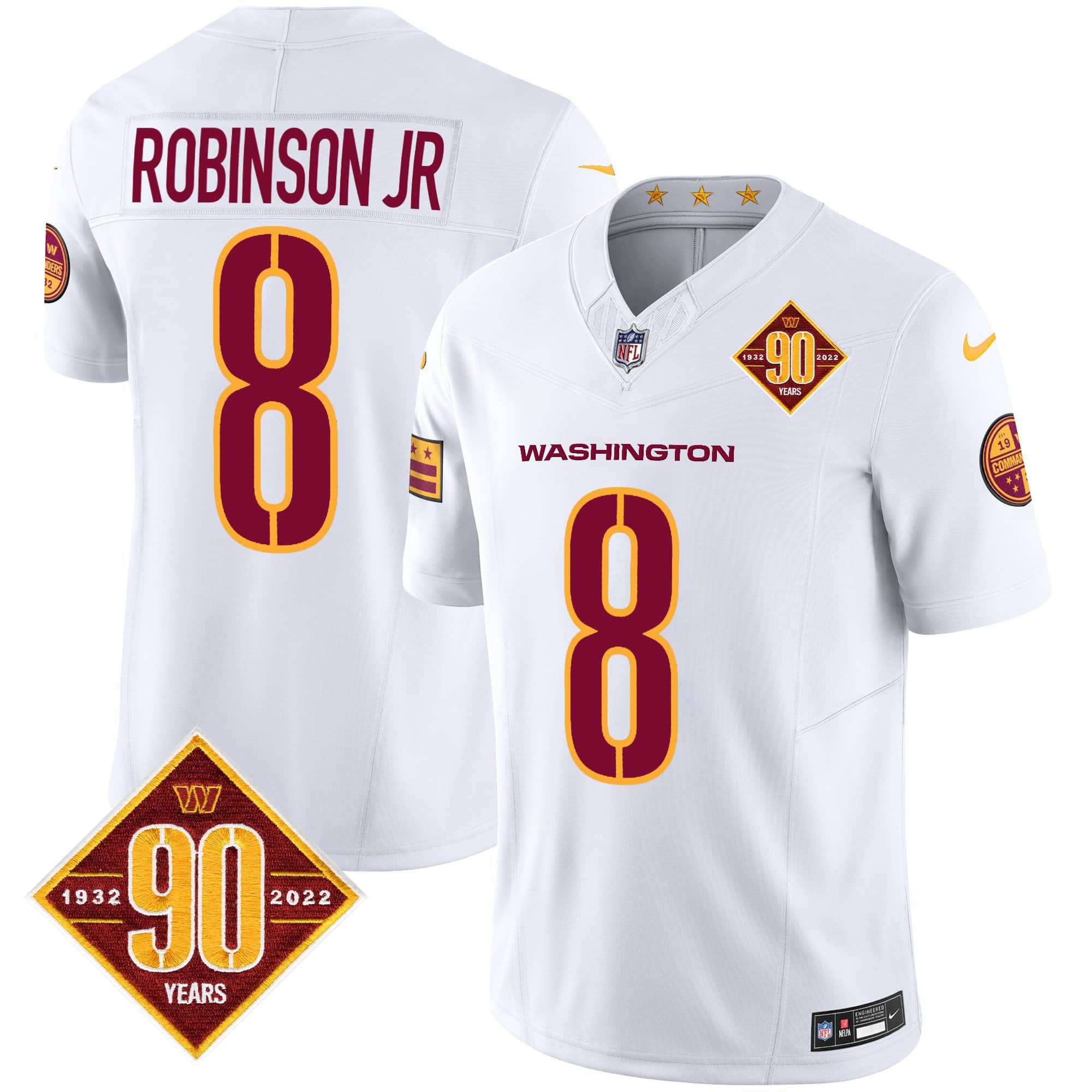 Men Washington Commanders 8 Robinson jr White 90th Anniversary Patch 2024 Nike Vapor Limited NFL Jersey